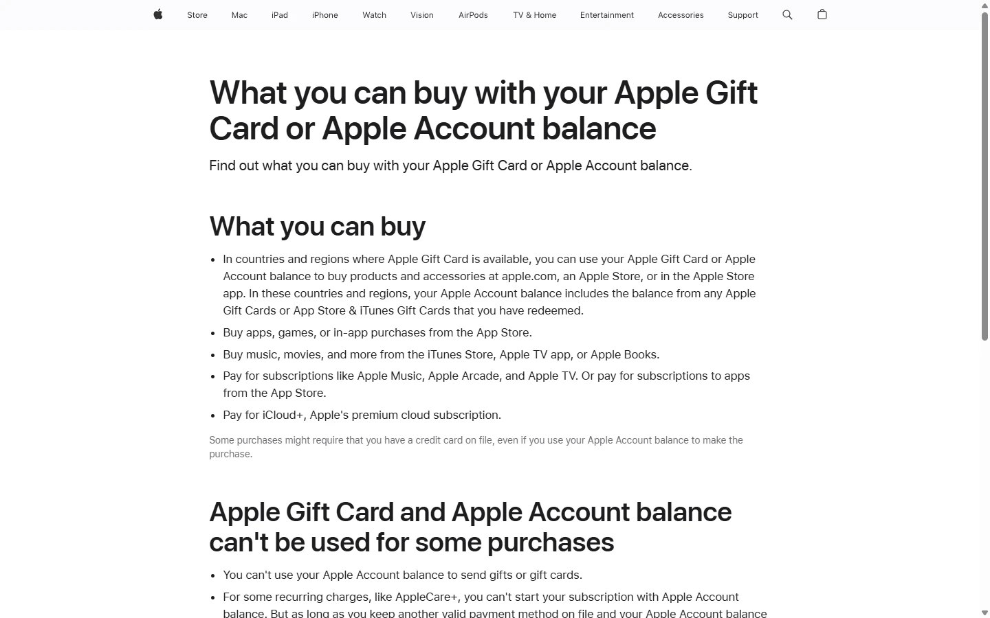 Apple 官方支持页截图:Apple 礼品卡与账户余额能买什么、不能买什么