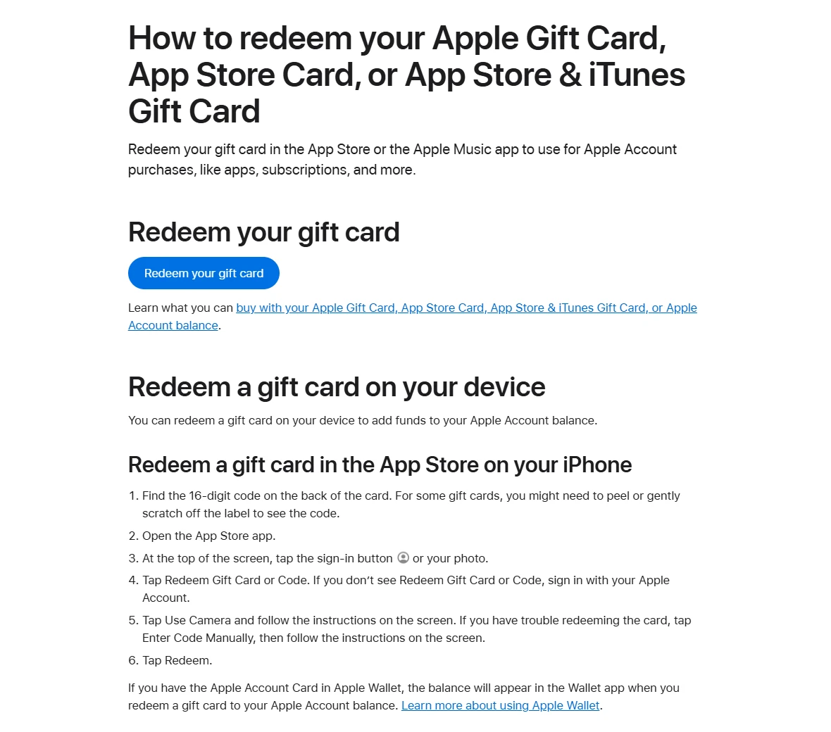 Apple 支持页面 How to redeem your Apple Gift Card 截图,第 1 步写着在卡背找到 16 位代码,必要时撕开或轻轻刮开标签