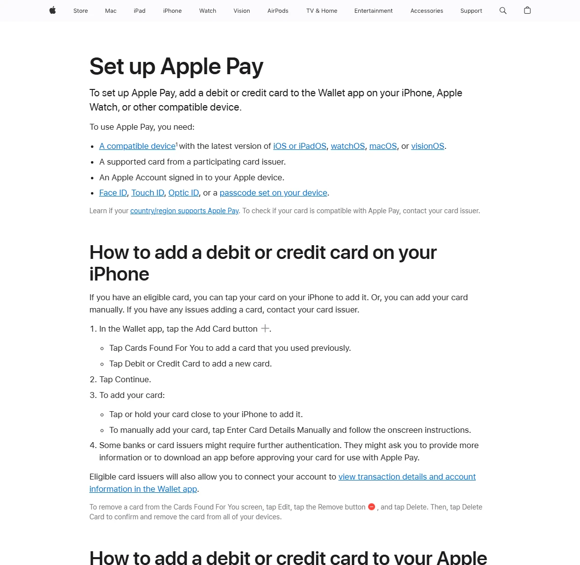 Apple 支持页面 Set up Apple Pay 截图，列出设置 Apple Pay 需要的条件，以及在 iPhone 上添加借记卡或信用卡的步骤