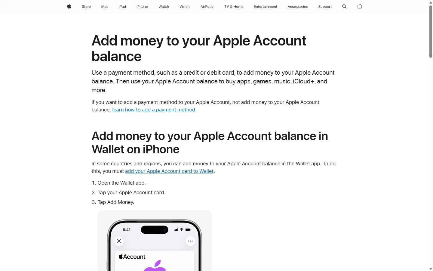 Apple 支持页截图：给 Apple 账户余额充值的说明与步骤