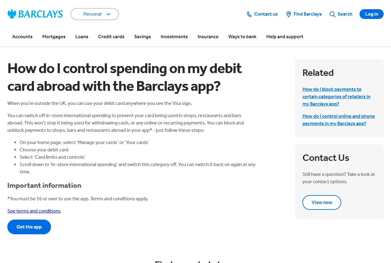 Barclays help page explaining that switching off in-store international spending won't stop cash withdrawals or online and recurring payments