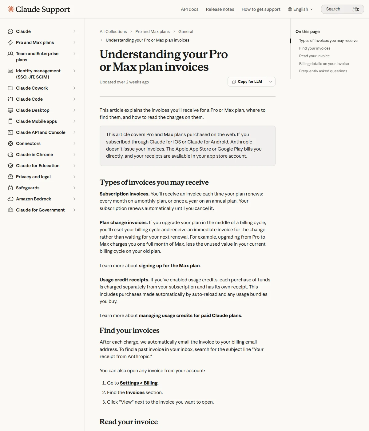 Claude 帮助中心文章 Understanding your Pro or Max plan invoices 截图,显示发票类型和在设置里查找发票的步骤