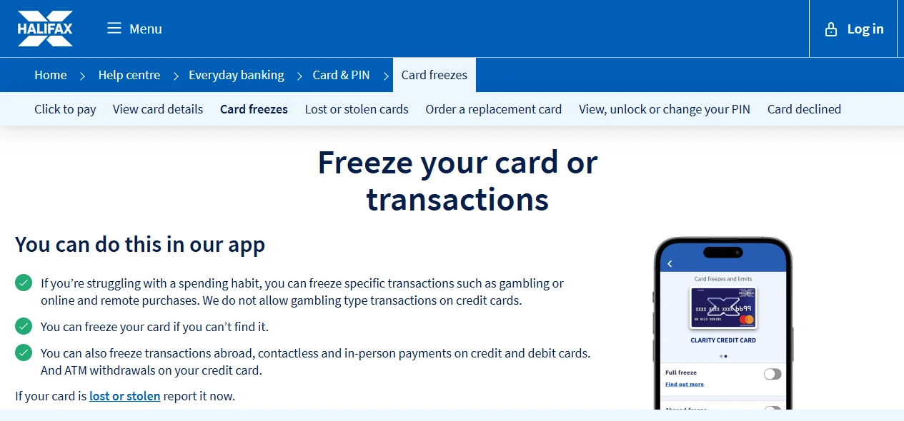 Halifax help page Freeze your card or transactions, listing freezes for gambling, online and remote purchases, transactions abroad, contactless and in-person payments