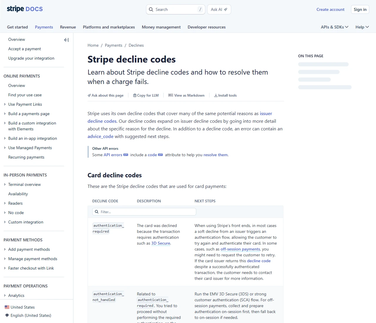 Stripe 文档 Stripe decline codes 页面截图,表格分为拒付代码、说明、下一步三栏